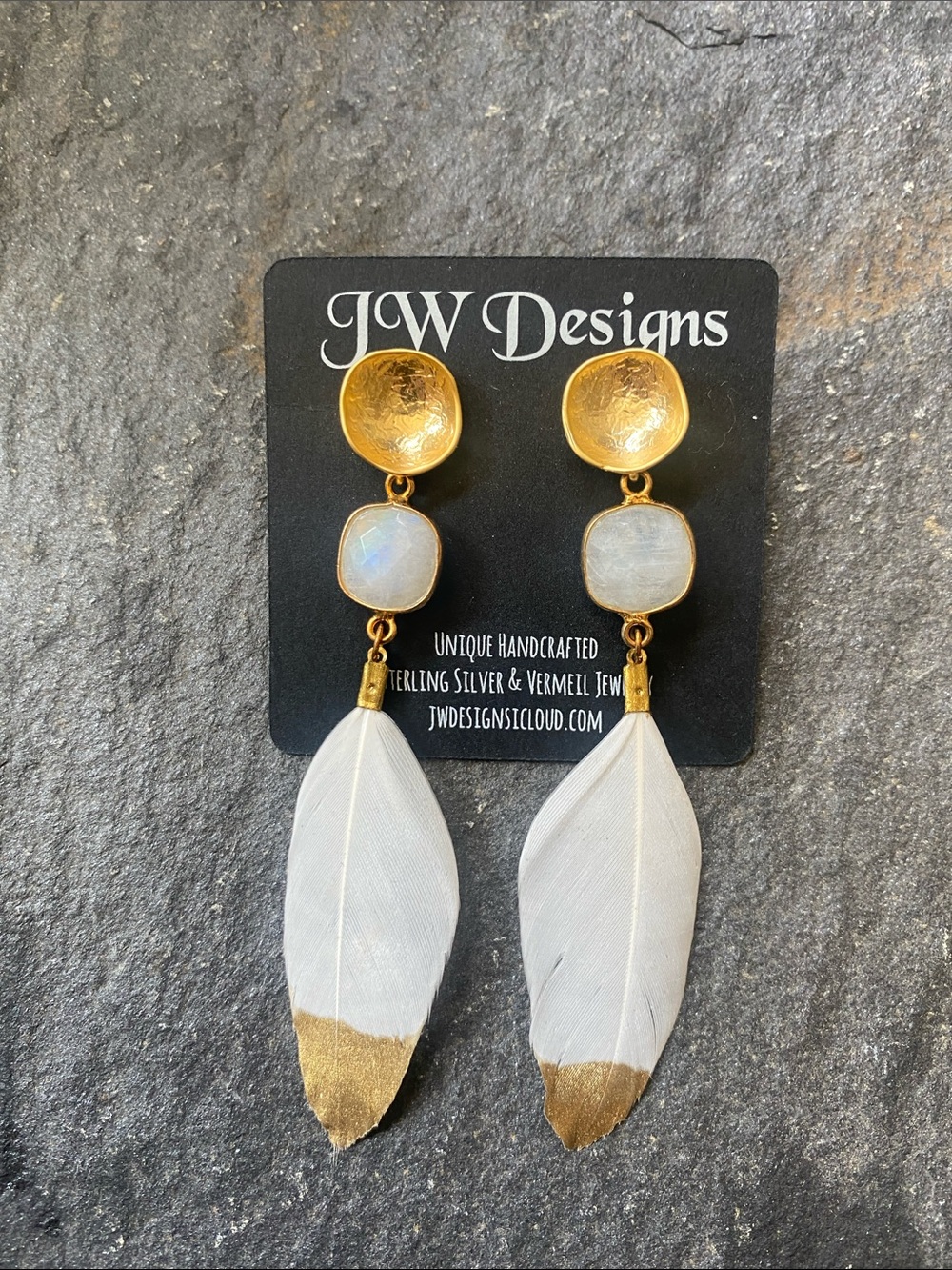JW Designs White Feather Earrings with Gold Accents